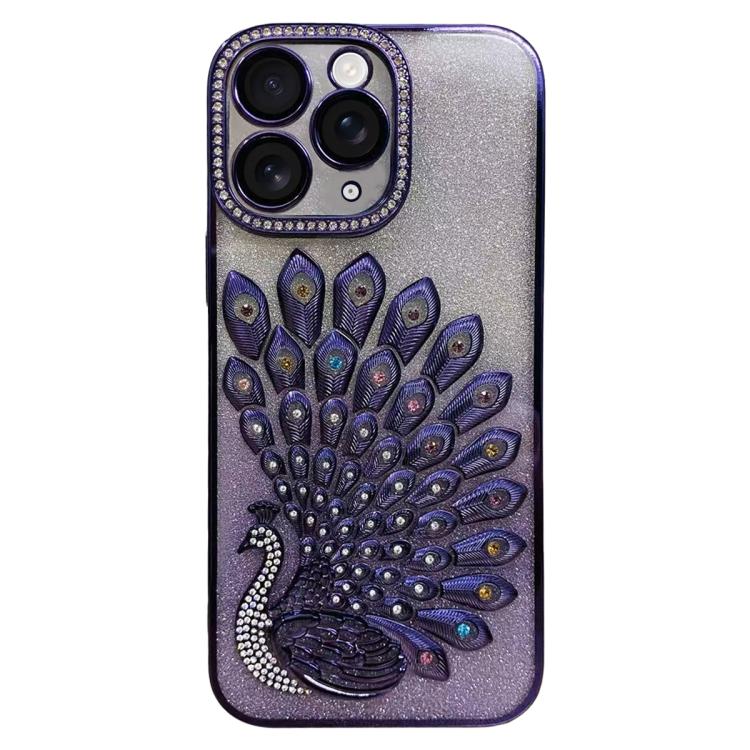 Electroplated TPU Peacock Relief Rhinestone Glitter Phone Case with Lens Film