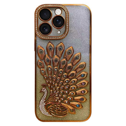 Electroplated TPU Peacock Relief Rhinestone Glitter Phone Case with Lens Film