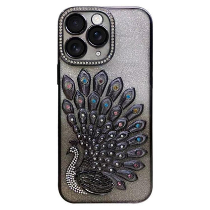 Electroplated TPU Peacock Relief Rhinestone Glitter Phone Case with Lens Film