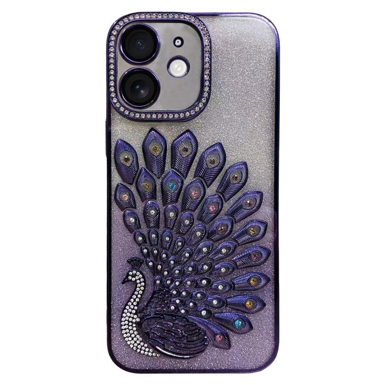 Electroplated TPU Peacock Relief Rhinestone Glitter Phone Case with Lens Film