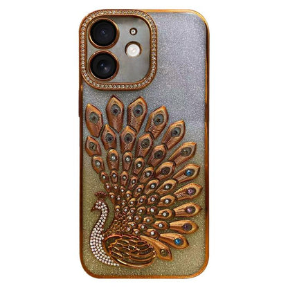 Electroplated TPU Peacock Relief Rhinestone Glitter Phone Case with Lens Film