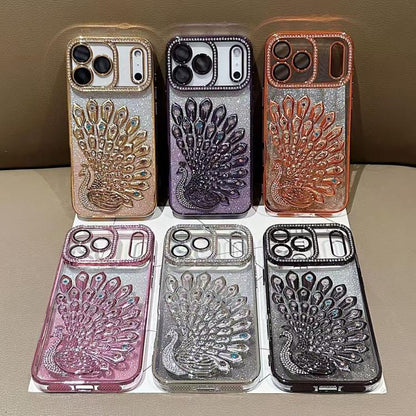 Electroplated TPU Peacock Relief Rhinestone Glitter Phone Case with Lens Film