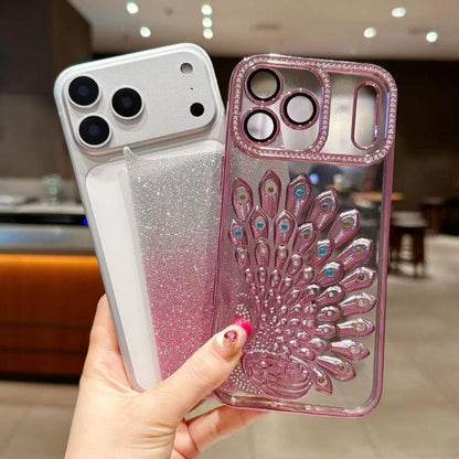 Electroplated TPU Peacock Relief Rhinestone Glitter Phone Case with Lens Film