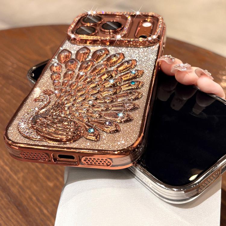 Electroplated TPU Peacock Relief Rhinestone Glitter Phone Case with Lens Film