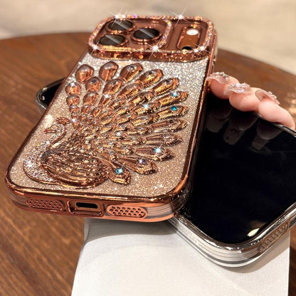 Electroplated TPU Peacock Relief Rhinestone Glitter Phone Case with Lens Film