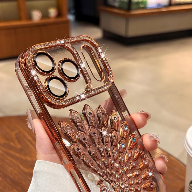 Electroplated TPU Peacock Relief Rhinestone Glitter Phone Case with Lens Film