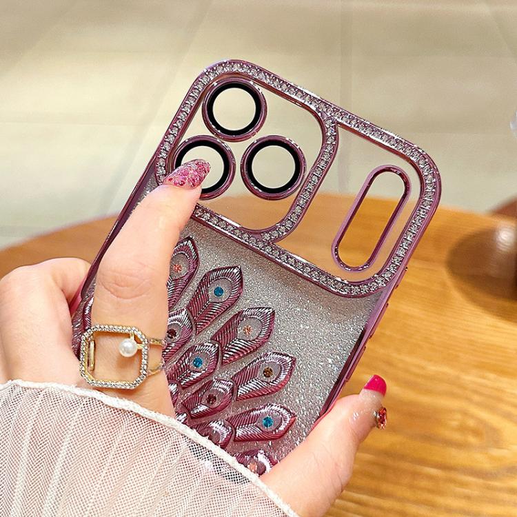 Electroplated TPU Peacock Relief Rhinestone Glitter Phone Case with Lens Film