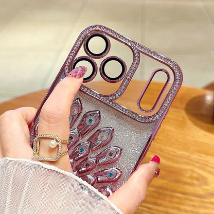 Electroplated TPU Peacock Relief Rhinestone Glitter Phone Case with Lens Film