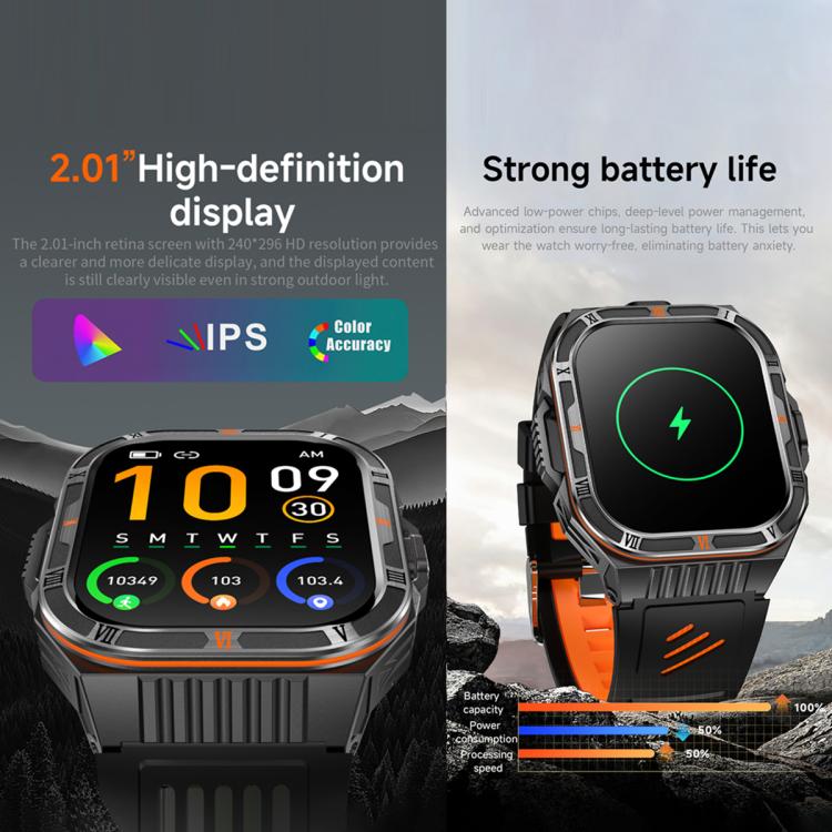 HT38 2.01 inch IPS Square Screen Smart Sports Watch Supports Bluetooth Call, Health Monitoring, LED Flashlight