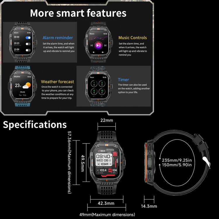 HT38 2.01 inch IPS Square Screen Smart Sports Watch Supports Bluetooth Call, Health Monitoring, LED Flashlight