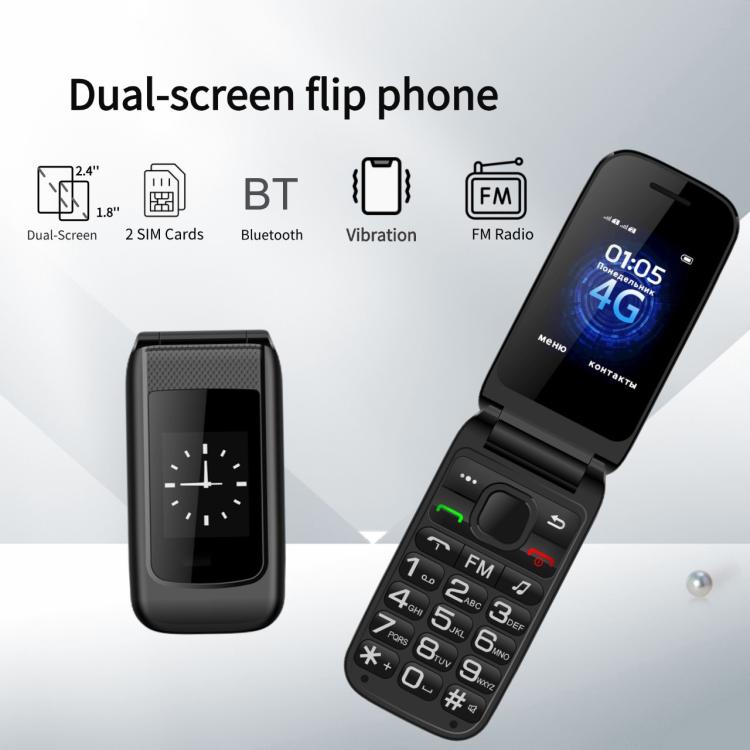 B326 Dual Screen Flip Elder Phone, 2.4 inch Inner, 1.8 inch Outer, 24 Keys, Network: 2G, Dual SIM, EU Plug