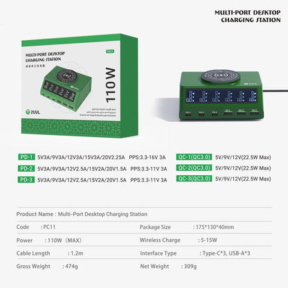 2UUL PC11 110W Multi-Port PD + QC Desktop Charging Station with 15W Wireless Charging, EU Plug, US Plug