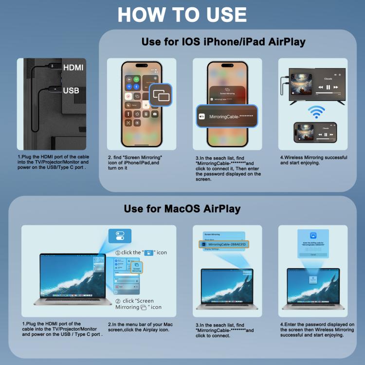 USB-A to HDMI HD Screen Mirroring Cable Wireless Screen Mirroring Converter Cable with Adapter, 70cm