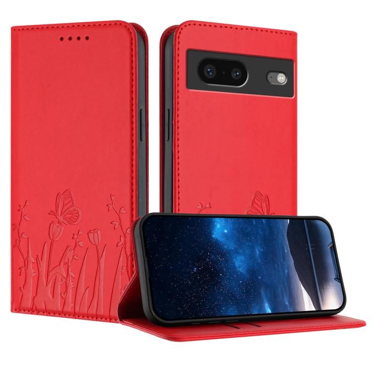 Tulips Butterfly Pattern Magnetic Vegan Leather Phone Case, For Google Pixel 7a, For Google Pixel 7 Pro, For Google Pixel 7, For Google Pixel 6a