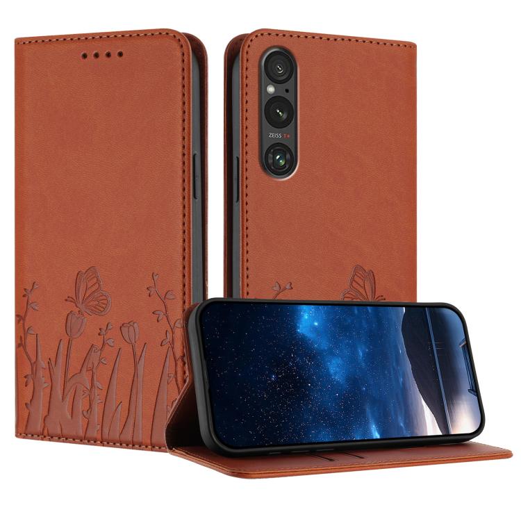 Tulips Butterfly Pattern Magnetic Vegan Leather Phone Case, For Sony Xperia 10 VII, For Sony Xperia 1 VII, For Sony Xperia 10 VI, For Sony Xperia 1 VI, For Sony Xperia 5 VI, For Sony Xperia 5 V, For Sony Xperia 1 V, For Sony Xperia 10 V                ...