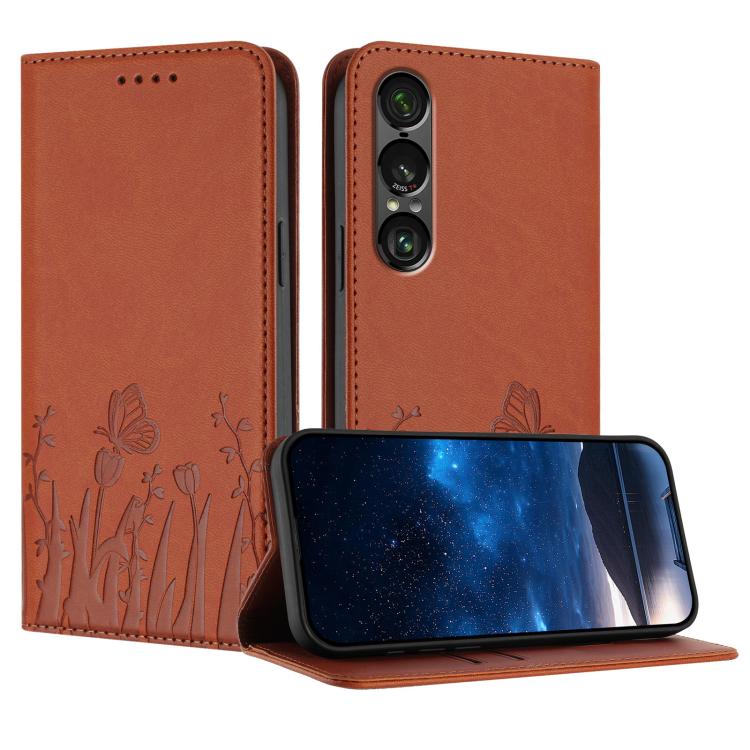 Tulips Butterfly Pattern Magnetic Vegan Leather Phone Case, For Sony Xperia 10 VII, For Sony Xperia 1 VII, For Sony Xperia 10 VI, For Sony Xperia 1 VI, For Sony Xperia 5 VI, For Sony Xperia 5 V, For Sony Xperia 1 V, For Sony Xperia 10 V                ...