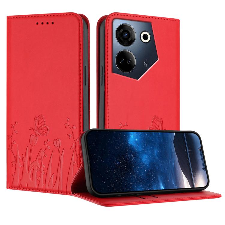 Tulips Butterfly Pattern Magnetic Vegan Leather Phone Case, For Tecno Camon 20 / Camon 20 Pro 4G, For Tecno Spark Go 2023 / Pop 7 / Pop 7 Pro, For Tecno Spark 10C, For Tecno Spark 10 4G, For Tecno Spark 10 Pro, For Tecno Pova 4, For Tecno Pova 3