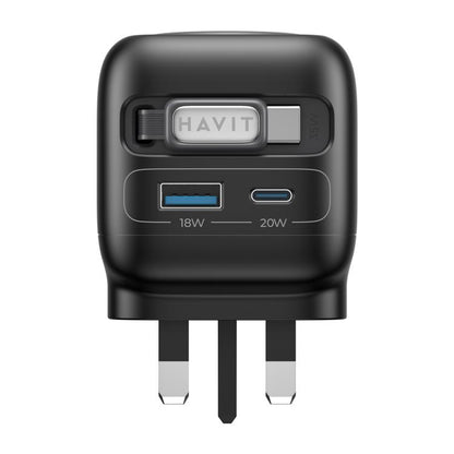 Havit UC250 35W 3 in 1 GaN Travel Charger with Type-C Retractable Cable, UC250(UK Plug)