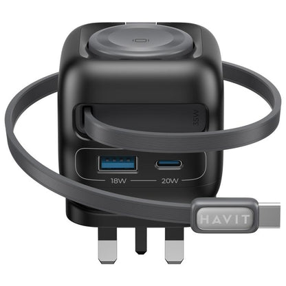 Havit UC250 35W 3 in 1 GaN Travel Charger with Type-C Retractable Cable, UC250(UK Plug)