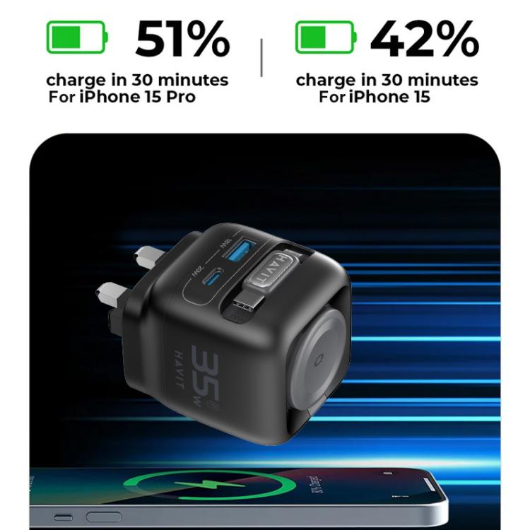 Havit UC250 35W 3 in 1 GaN Travel Charger with Type-C Retractable Cable, UC250(UK Plug)