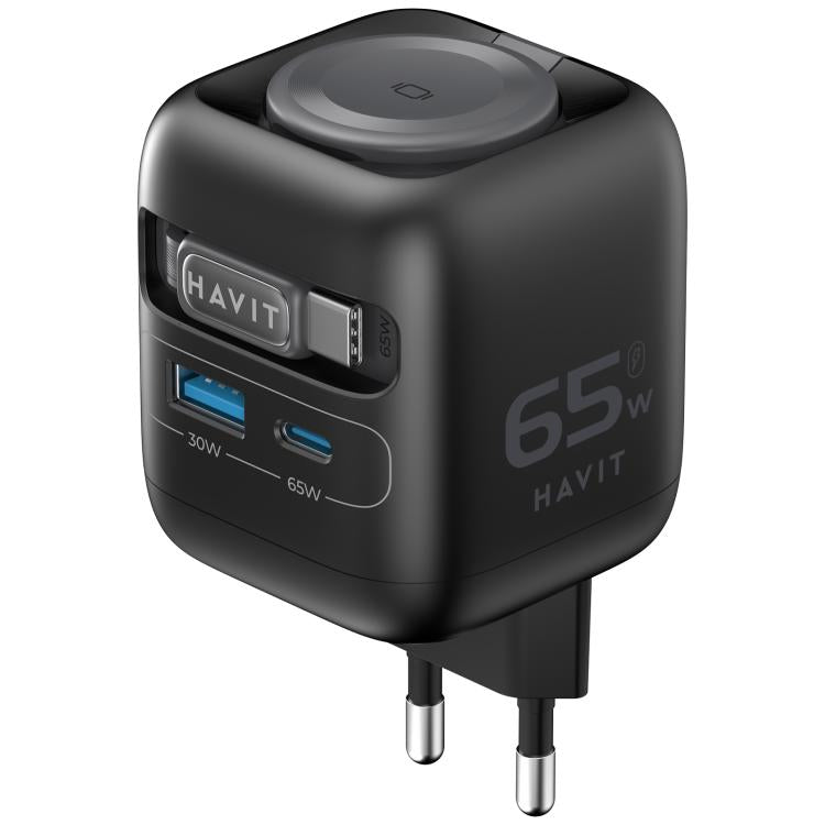 Havit UC252 65W 3 in 1 GaN Travel Charger with Type-C Retractable Cable, UC252(EU Plug), UC252(US Plug)