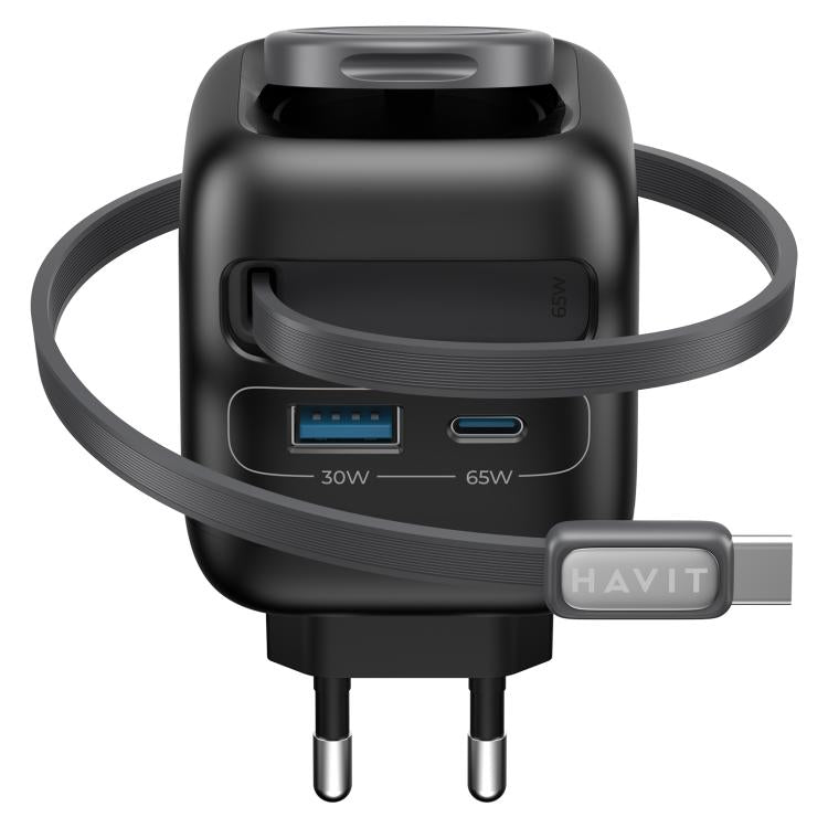 Havit UC252 65W 3 in 1 GaN Travel Charger with Type-C Retractable Cable, UC252(EU Plug), UC252(US Plug)