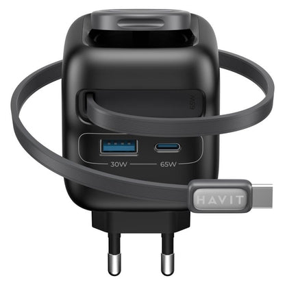 Havit UC252 65W 3 in 1 GaN Travel Charger with Type-C Retractable Cable, UC252(EU Plug), UC252(US Plug)