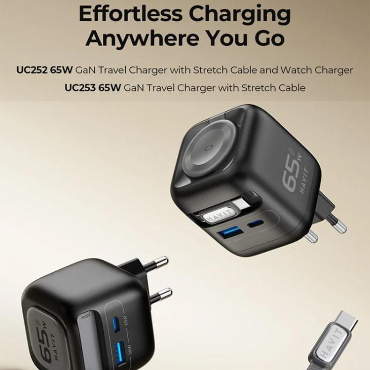 Havit UC252 65W 3 in 1 GaN Travel Charger with Type-C Retractable Cable, UC252(EU Plug), UC252(US Plug)