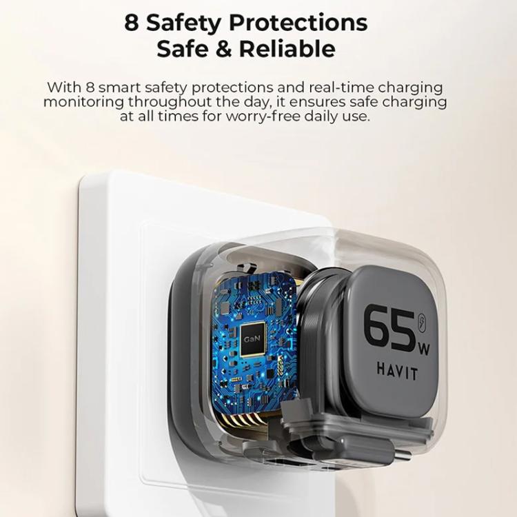 Havit UC252 65W 3 in 1 GaN Travel Charger with Type-C Retractable Cable, UC252(EU Plug), UC252(US Plug)