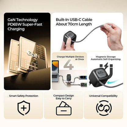 Havit UC252 65W 3 in 1 GaN Travel Charger with Type-C Retractable Cable, UC252(EU Plug), UC252(US Plug)