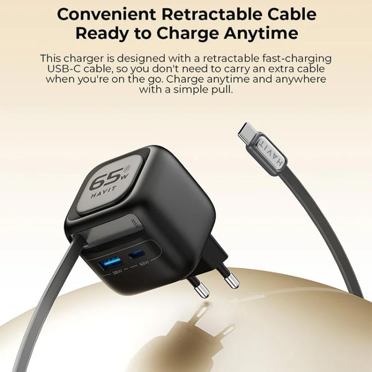 Havit UC252 65W 3 in 1 GaN Travel Charger with Type-C Retractable Cable, UC252(EU Plug), UC252(US Plug)