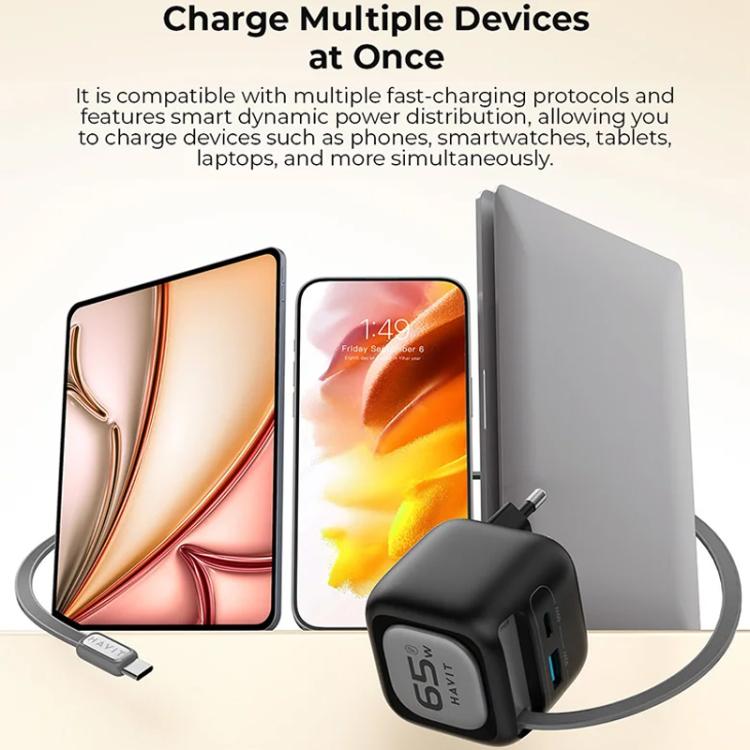 Havit UC252 65W 3 in 1 GaN Travel Charger with Type-C Retractable Cable, UC252(EU Plug), UC252(US Plug)