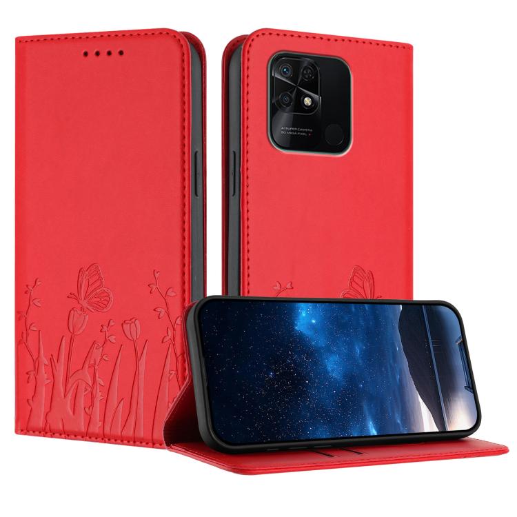 Tulips Butterfly Pattern Magnetic Vegan Leather Phone Case, For Redmi Note 11 4G / Note 11S 4G / Note 12S, For Redmi A2+ / A1+ / Poco C50 / Poco C51, For Redmi Note 12 4G Global, For Redmi 12C / 11A / Poco C55                                           ...