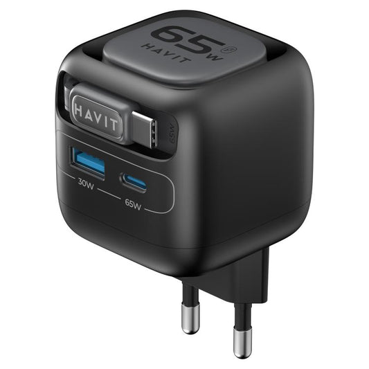 Havit UC253 65W 3 in 1 GaN Travel Charger with Type-C Retractable Cable, UC253(EU Plug)