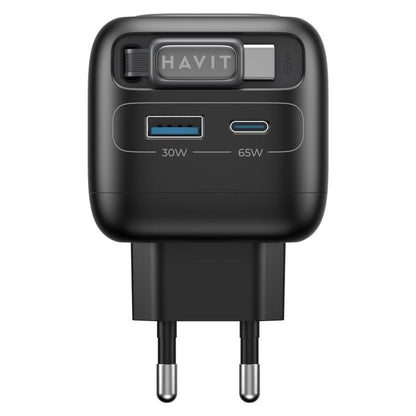 Havit UC253 65W 3 in 1 GaN Travel Charger with Type-C Retractable Cable, UC253(EU Plug)