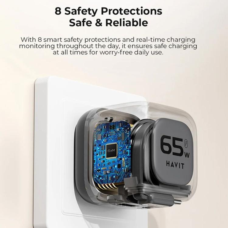 Havit UC253 65W 3 in 1 GaN Travel Charger with Type-C Retractable Cable, UC253(EU Plug)