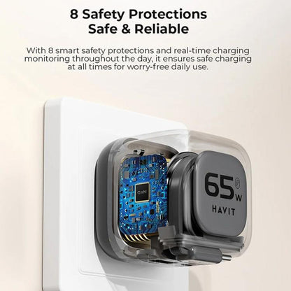 Havit UC253 65W 3 in 1 GaN Travel Charger with Type-C Retractable Cable, UC253(EU Plug)