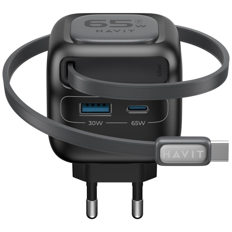 Havit UC253 65W 3 in 1 GaN Travel Charger with Type-C Retractable Cable, UC253(EU Plug)