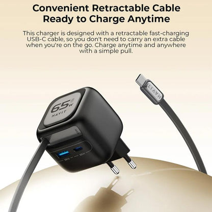 Havit UC253 65W 3 in 1 GaN Travel Charger with Type-C Retractable Cable, UC253(EU Plug)