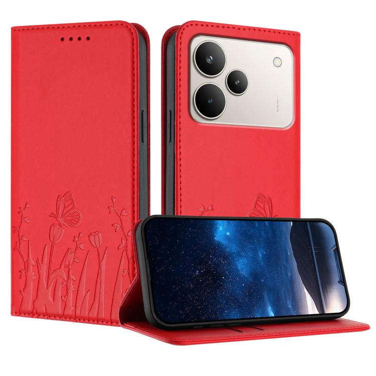 Tulips Butterfly Pattern Magnetic Vegan Leather Phone Case, For Realme C85 5G / Realme 15x India, For Realme C85 Pro 4G, For Realme P4 Pro 5G, For Realme P4 5G, For Realme 15T 5G, For Realme C63 4G / C61 / Note 60 / Note 60x                            ...