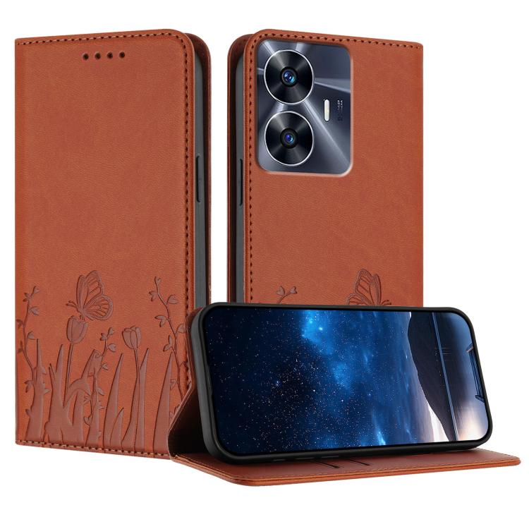 Tulips Butterfly Pattern Magnetic Vegan Leather Phone Case, For Realme 11 Pro, For Realme C65 4G, For Realme C55 / Narzo N55, For Realme C33 2022 / C33 2023, For Realme 10 Pro, For Realme 10 Pro+, For Realme 10 4G, For Realme C30 / C30s / Narzo 50i Pri...