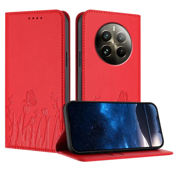 Tulips Butterfly Pattern Magnetic Vegan Leather Phone Case, For Realme 14x / C75 4G, For Realme 12 5G / 13 5G / 12x / Narzo 70x, For Realme 12 4G / 13 4G / 12+ / Narzo 70, For Realme 13 Pro / 13 Pro+, For Realme GT 6 / GT 6T                            ...