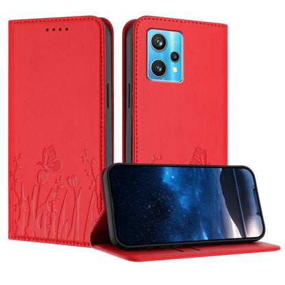 Tulips Butterfly Pattern Magnetic Vegan Leather Phone Case, For Realme 9 4G / Realme 9 Pro+, For Realme 9 5G / Realme 9 Pro