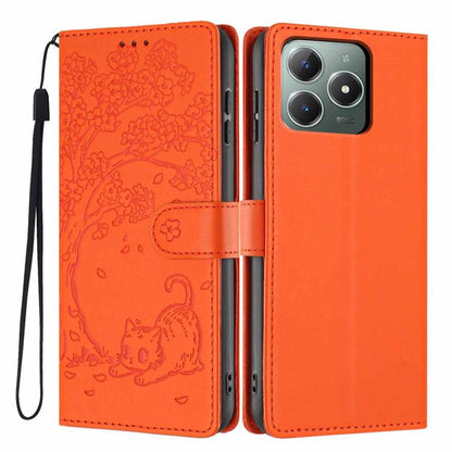 Tree Cat Embossed Flip Vegan Leather Phone Case, For Realme C61 / C63