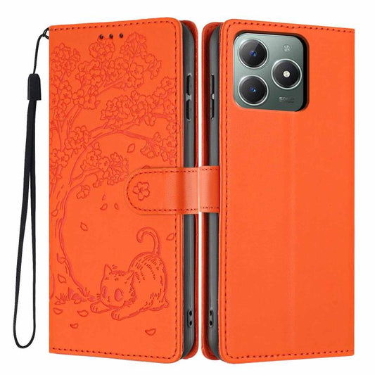 Tree Cat Embossed Flip Vegan Leather Phone Case, For Realme C61 / C63