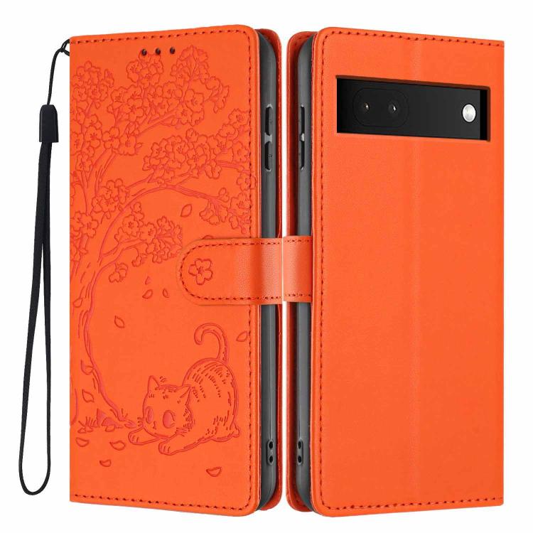 Tree Cat Embossed Flip Vegan Leather Phone Case, For Google Pixel 6a