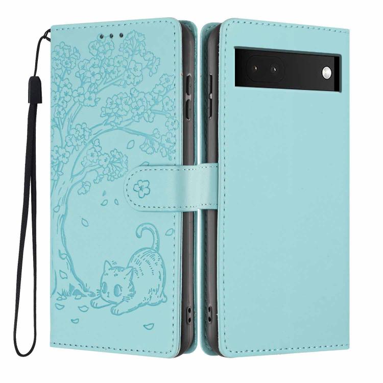Tree Cat Embossed Flip Vegan Leather Phone Case, For Google Pixel 6a