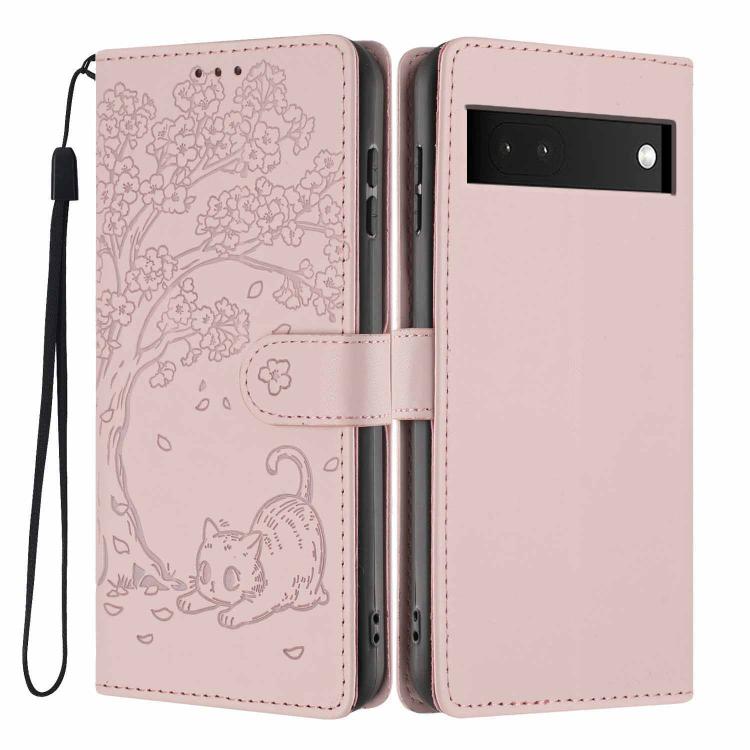 Tree Cat Embossed Flip Vegan Leather Phone Case, For Google Pixel 6a