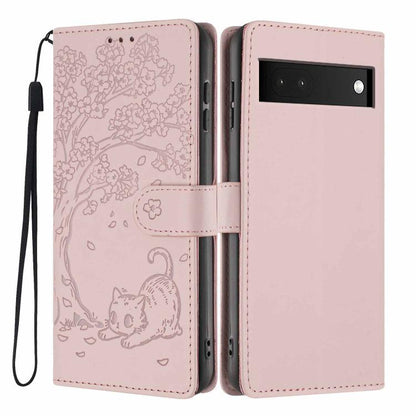 Tree Cat Embossed Flip Vegan Leather Phone Case, For Google Pixel 6a