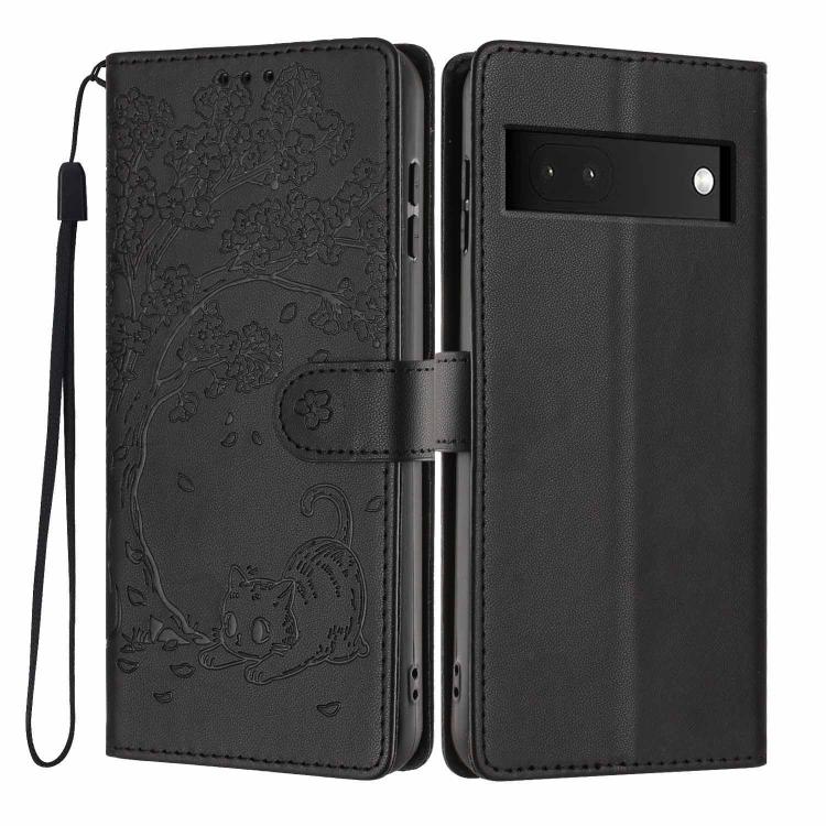 Tree Cat Embossed Flip Vegan Leather Phone Case, For Google Pixel 6a